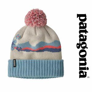 Patagonia | Pastel Pink, Cream & Blue Floral Powder Town Pom Beanie | Size Kids